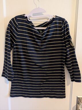 Ralph Lauren Navy & Gold Striped Boatneck Top 3/4 Sleeve Crest Logo
